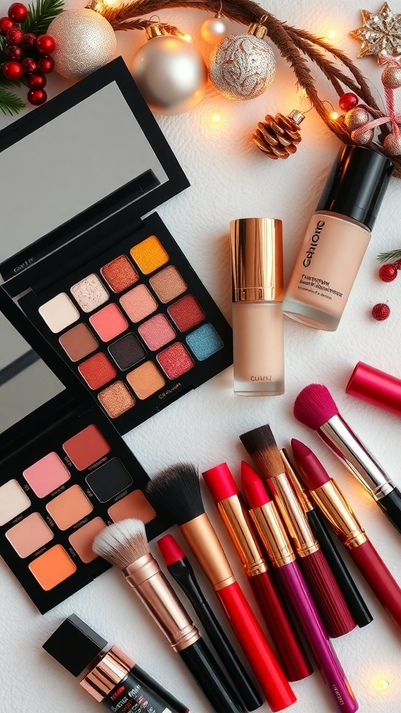 Flat lay of makeup products including eyeshadow palette, foundation, lipsticks, and brushes with Christmas decorations.